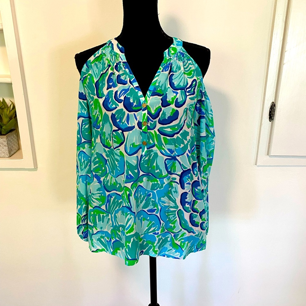 Lilly Pulitzer Elsa Cold Shoulder Silk Blouse Top Size S